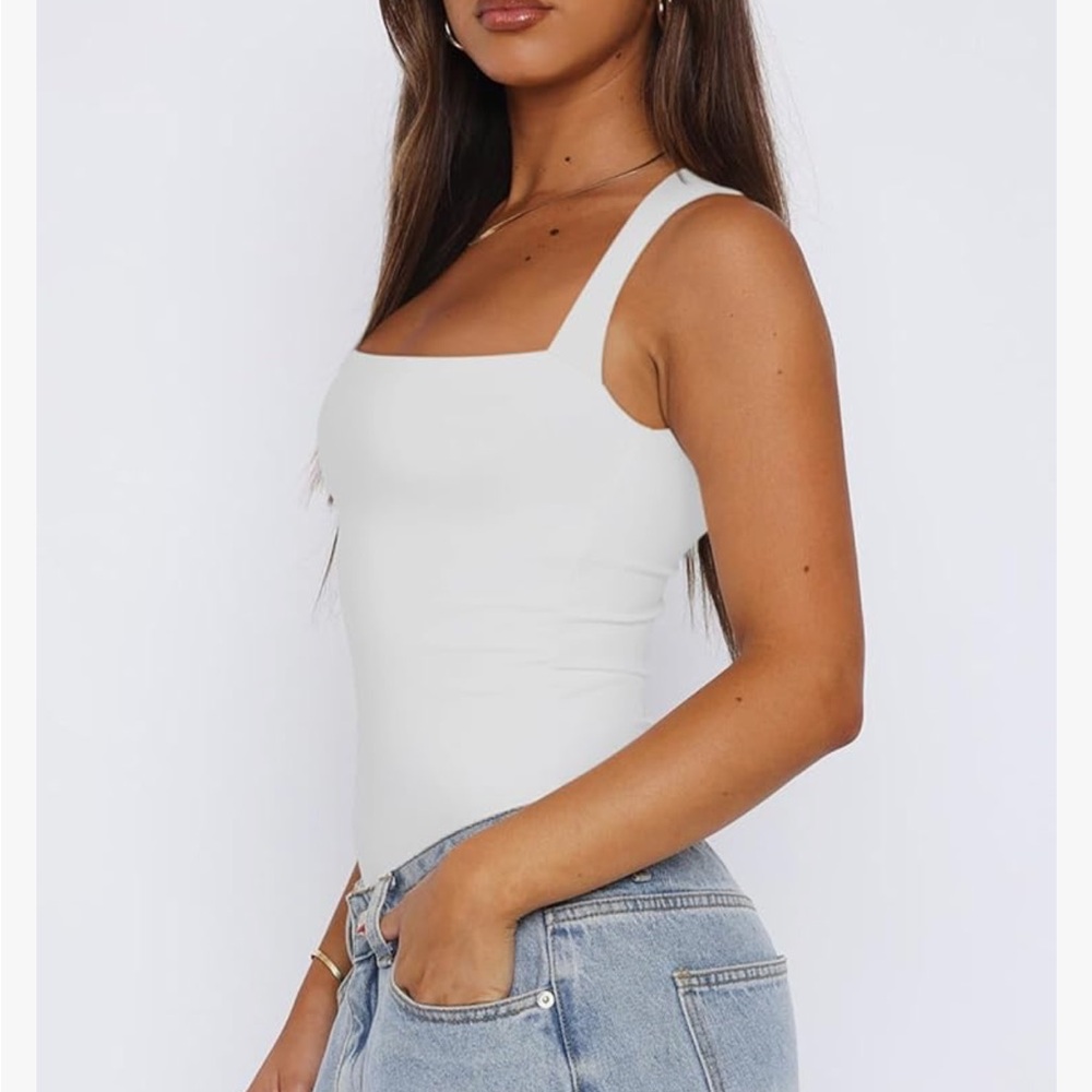 White Women’s Sexy Sleeveless Square Neck Double Lined Basic Bodysuit Tank Tops - Picture 3 of 8